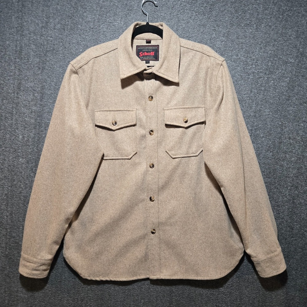 Schott CPO Wool Button Down Shirt Mens Large Beige Flannel